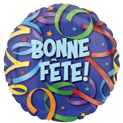 Jumbo blue Bonne Fête foil balloon with colourful streamers and stars
