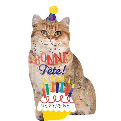 Cat shaped Bonne Fête foil balloon wearing a party hat with a birthday cake