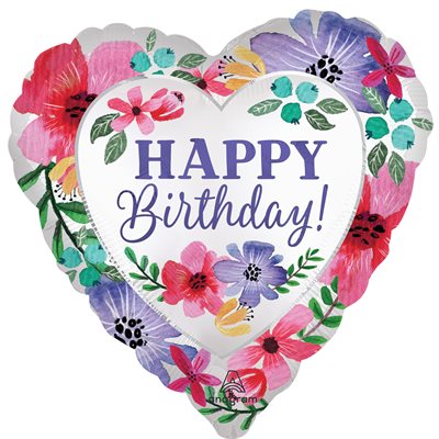 18 inch heart shaped satin foil Happy Birthday balloon framed by a watercolour floral wreath
