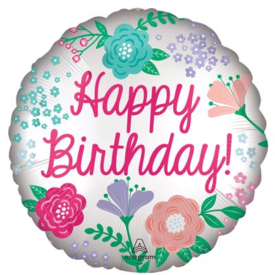 18 inch round satin white foil Happy Birthday balloon scattered with pink coral teal and lilac garden flowers