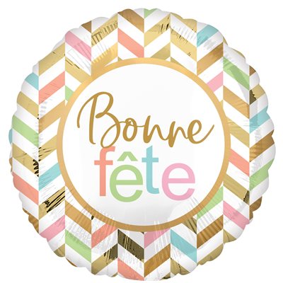 Jumbo Bonne Fête foil balloon with gold and pastel chevron border