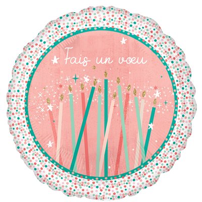18 inch blush pink Fais un vœu foil balloon with birthday candles and confetti border