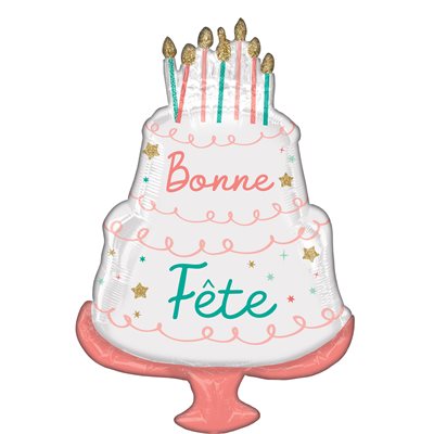 Birthday cake shaped Bonne Fête foil balloon with candles and gold stars