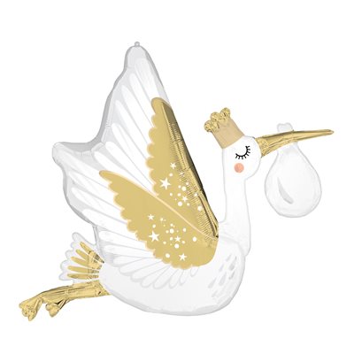Foil satin stork supershape balloon with gold wings carrying a baby bundle