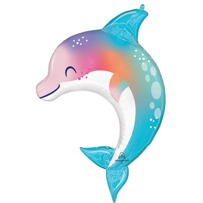 Foil dolphin supershape balloon in pastel rainbow with turquoise fins