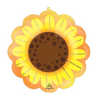 21 inch foil sunflower shaped balloon with yellow and orange petals and brown seeded centre