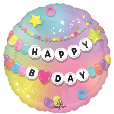 18 inch round foil birthday balloon with pastel rainbow ombre and friendship bracelet beads spelling Happy B-Day