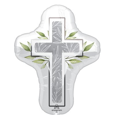 23 by 28 inch white and silver foil cross shaped balloon with green olive leaves