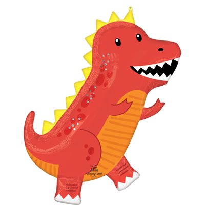 24 by 31 inch foil dinosaur shaped balloon red and orange t-rex with yellow spikes