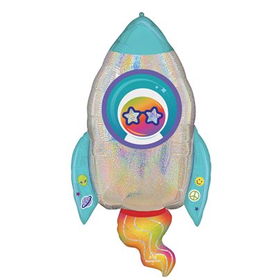20 by 29 inch holographic foil rocket ship balloon with teal fins and rainbow porthole