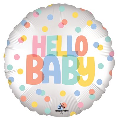 18 inch round satin white foil Hello Baby balloon with pastel confetti dots