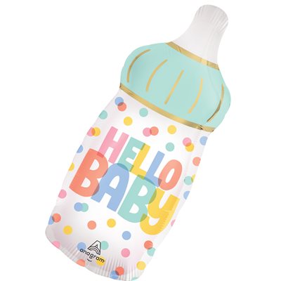 17 by 28 inch foil baby bottle shaped balloon with Hello Baby lettering and pastel confetti dots
