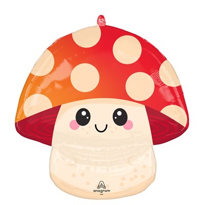 22 by 23 inch foil mushroom shaped balloon with red spotted cap and smiling face
