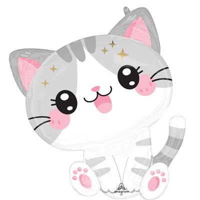 20 by 24 inch foil kawaii kitten shaped balloon grey and white with big sparkling eyes