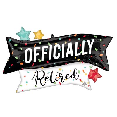 38 x 23 inch foil Officially Retired supershape banner balloon in black and white with stars and confetti