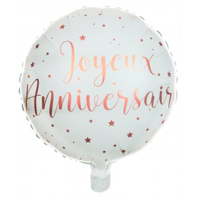 White foil balloon with rose gold Joyeux Anniversaire script and stars