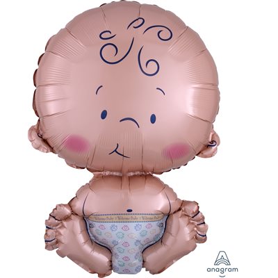 Foil sitting baby shaped balloon in blush with patterned nappy and rosy cheeks