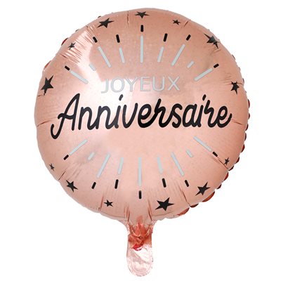 Rose gold Joyeux Anniversaire foil balloon with black stars