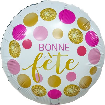 18 inch white Bonne Fête foil balloon with pink and gold confetti dots