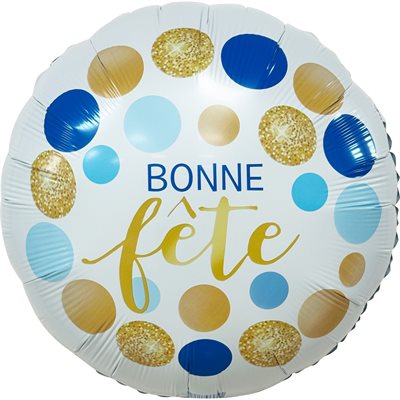 White Bonne Fête foil balloon with navy, sky blue and gold bubble dots