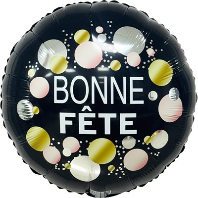 18 inch black Bonne Fête foil balloon with gold, silver and blush bubble dots