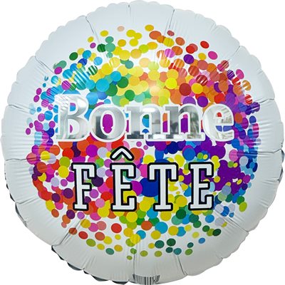 White Bonne Fête foil balloon with rainbow confetti splash