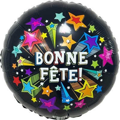 Black Bonne Fête foil balloon covered in bright multicoloured stars