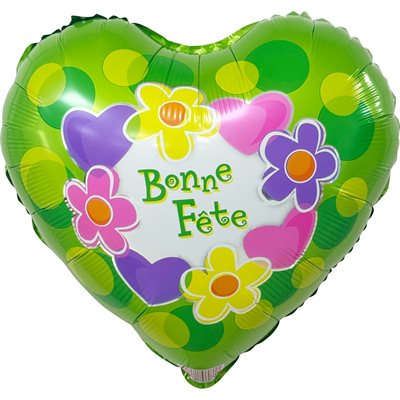 Green heart shaped Bonne Fête foil balloon with colourful daisies and polka dots