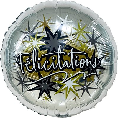 Silver Félicitations foil balloon with black and gold starbursts