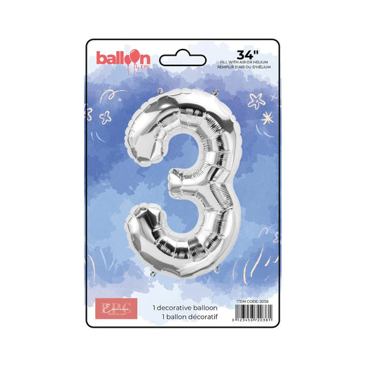 FOIL NUMBER 3 BALLOON - SILVER 34-INCH