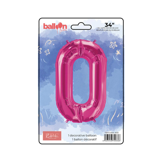FOIL NUMBER 0 BALLOON - BRIGHT PINK 34-INCH