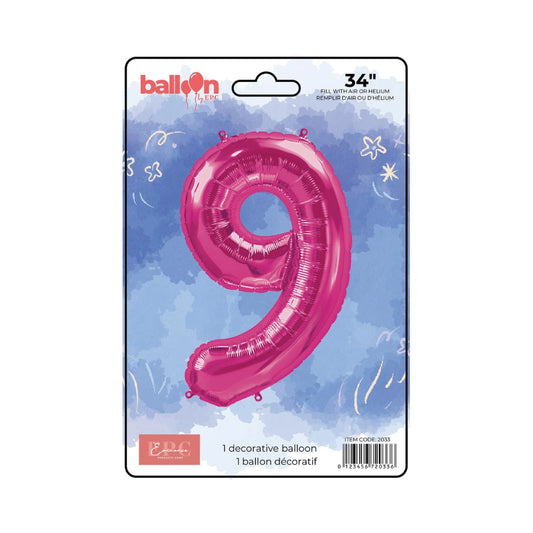 FOIL NUMBER 9 BALLOON - BRIGHT PINK 34-INCH