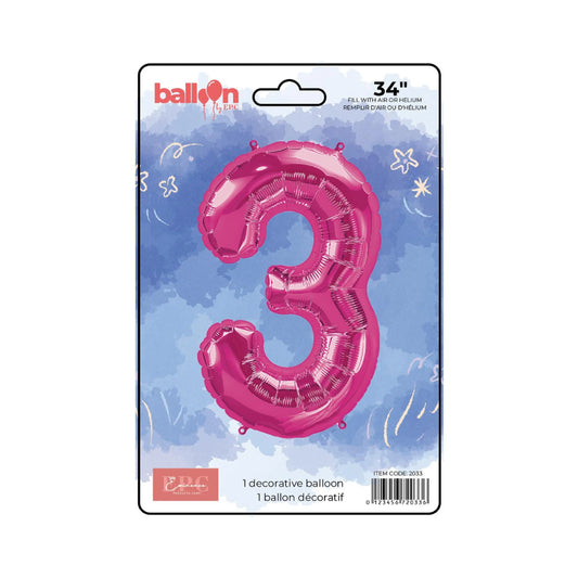 FOIL NUMBER 3 BALLOON - BRIGHT PINK 34-INCH