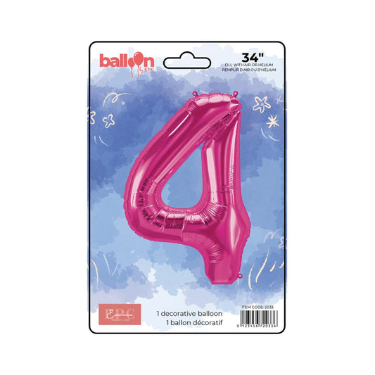 FOIL NUMBER 4 BALLOON - BRIGHT PINK 34-INCH