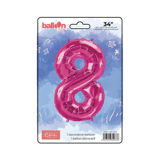 FOIL NUMBER 8 BALLOON - BRIGHT PINK 34-INCH
