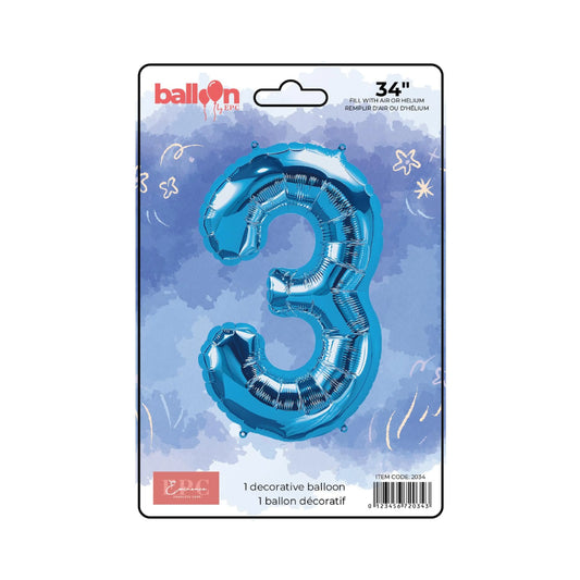 FOIL NUMBER 3 BALLOON - BRIGHT BLUE 34-INCH