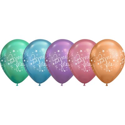 12" Bonne Fête script chrome latex balloon, assorted colors (50 pcs)