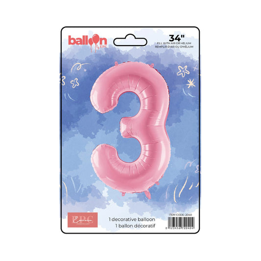 FOIL NUMBER 3 BALLOON - SOLID PINK 34-INCH